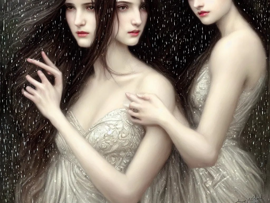Image similar to highly detailed portrait of a beautiful girl in the rain with wet dark hair and pale skin, ornate elegant white dress, fantasy, intricate, elegant, dramatic lighting, emotionally evoking symbolic metaphor, highly detailed, lifelike, photorealistic, digital painting, artstation, concept art, smooth, sharp focus, illustration, art by John Collier and Albert Aublet and Krenz Cushart and Artem Demura and Alphonse Mucha