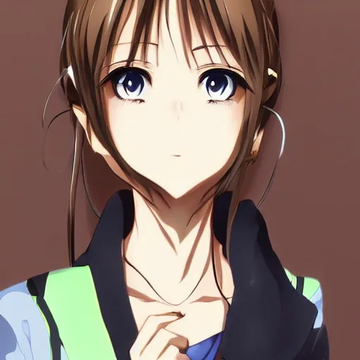 Image similar to key anime visual of a beautiful girl with brown hair and green eyes, trending on Pixiv; detailed
