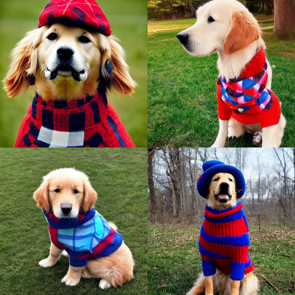 Prompt: A Golden Retriever dog wearing a blue checkered beret and red dotted turtleneck, style of tim burton