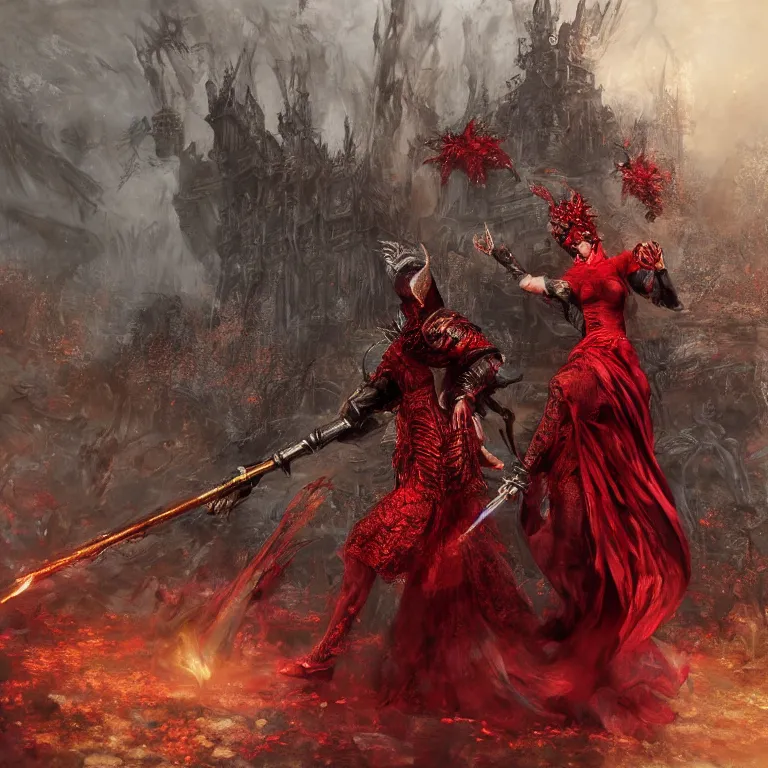 Prompt: black man and a female devil in red dress dancing, Dark Souls 3 themed, in style of Ruan Jia, insanely detailed and intricate, golden ratio, elegant, ornate, luxury, elite, matte painting, cinematic, cgsociety, James jean, Brian froud, ross tran, Laputa