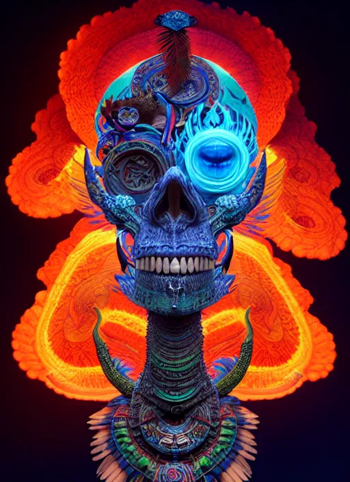 Image similar to 3 d shaman with tattoos profile portrait, sigma 5 0 0 mm f / 5. beautiful intricate highly detailed quetzalcoatl skull and feathers. bioluminescent, plasma, lava, ice, water, wind, creature, thunderstorm! artwork by tooth wu and wlop and beeple and greg rutkowski, 8 k trending on artstation,