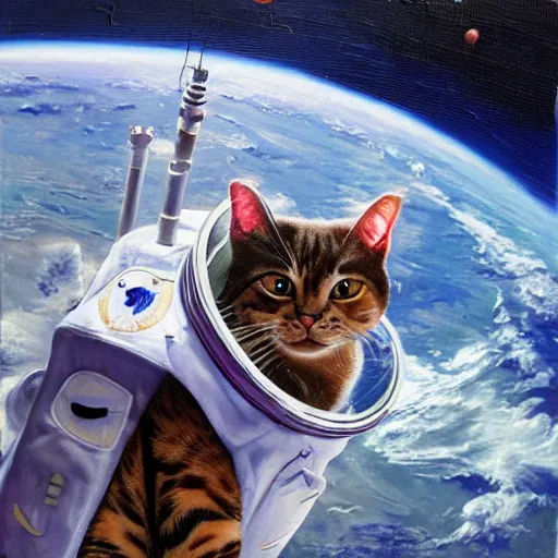 Image similar to a cat astronaut in front of a space station, oil painting