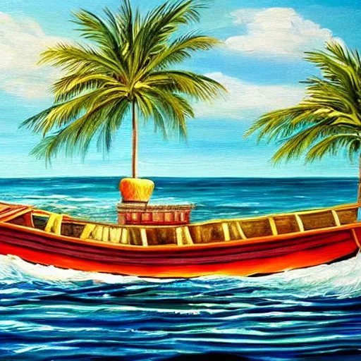 Image similar to a beautiful painting of a boat leaving the dock for paradise.