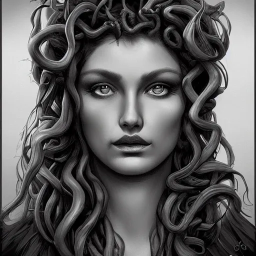 Image similar to medusa portrait painting, black and white, seductive, dynamic lighting, michelangelo, artstation, detailed, blurred background