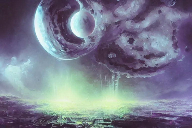 Image similar to nuclear blast moon eclipse sci-fi wet brush poster art neo-primitivism painting of surreal beauitiful Hardstyle DJ, by Ross Tran, highly detailed, hyperrealism, excellent composition, cinematic concept art, dramatic lighting, abstract water color painting strokes, hyper realistic, soft light, 8k