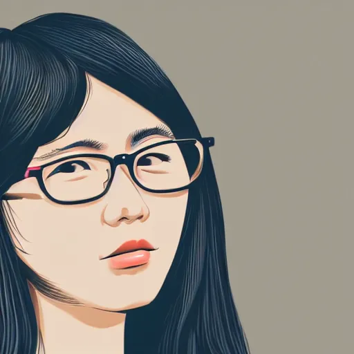 Prompt: japanese young lady, cool, hipster, wearing glasses, frontal 5 0 mm portrait, illustration