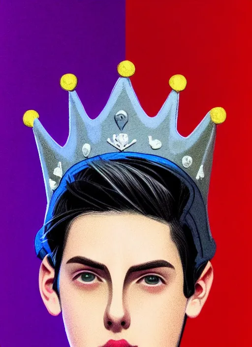 Image similar to portrait of teenage jughead jones wearing a light grey crown, crown, blue turtleneck, 1 9 5 0 s, closed eyes, photorealistic, black hair, glowing lighting, intricate, elegant, glowing lights, highly detailed, digital painting, artstation, concept art, smooth, sharp focus, illustration, art by wlop, mars ravelo and greg rutkowski