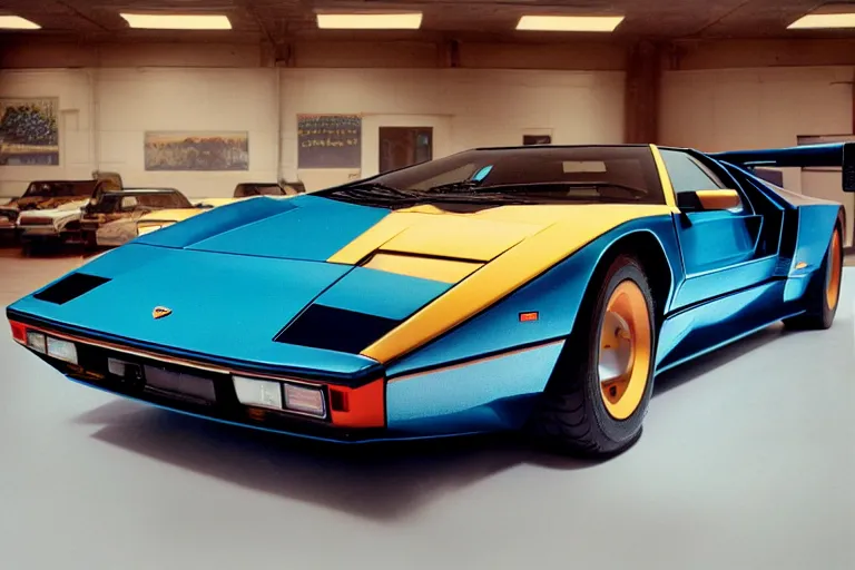 Image similar to designed by john delorean stylized poser of a single 1 9 8 6 lamborghini countach ( ( delorean ) ) ford gt 4 0, large led lights, ektachrome photograph, volumetric lighting, f 8 aperture, cinematic eastman 5 3 8 4 film