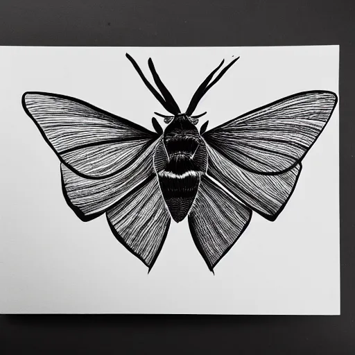 Image similar to moth, black and white, botanical illustration, black ink on white paper, bold lines