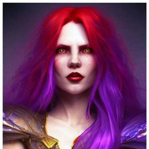 Image similar to redhead vampire sorceress, perfect face viewed in profile, bright glowing purple and red eyes, gold shirt, cinematic, floating ash, stunning, highly detailed, artstation, smooth, hard focus, concept art, art by artgerm and greg rutkowski and alphonse mucha, volumetric lighting, octane render, 4 k resolution, trending on artstation, masterpiece