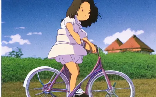 Prompt: a young girl riding a bike in a small town, 1970s philippines, art by hayao miyazaki, studio ghibli film, hi res, 4k