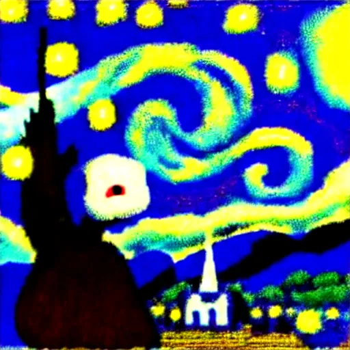 Prompt: photo of a giant shouting ( ( stay puft marshmallow man ) ) in the style of starry night by vincent van gogh intricate detail, low angle, blockbuster ghostbusters movie