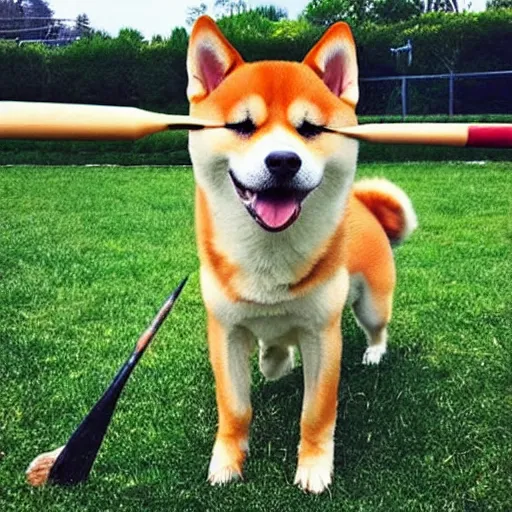 Image similar to shiba inu dog, baseball bat bonk, dog swinging bat 🐶 🏏 🎨🖌