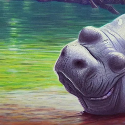 Prompt: sad hippo waking up in a beautiful river landscape, drawn by erin stead, trending on artstation