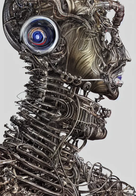 Image similar to perfectly centered portrait, front view of a beautiful biomechanical cyberpunk alien android robot buddha, female, flowing hair, intense stare, sarcastic smile, symmetrical, concept art, intricate detail, volumetric shadows and lighting, realistic oil painting by alex grey and h. r giger,