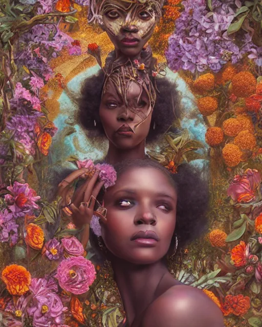 Image similar to portrait of the african queen of the underworld, surrounded by flowers by karol bak, james jean, tom bagshaw, rococo, sharp focus, trending on artstation, cinematic lighting, hyper realism, octane render, 8 k, hyper detailed.