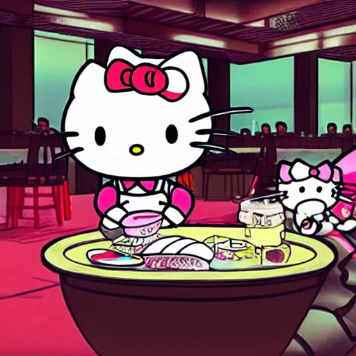 Prompt: hello kitty and a white gundam eating sushi in a futuristic sushi restaurant while sitting on barrels, cyberpunk interior, futuristic, advertisement