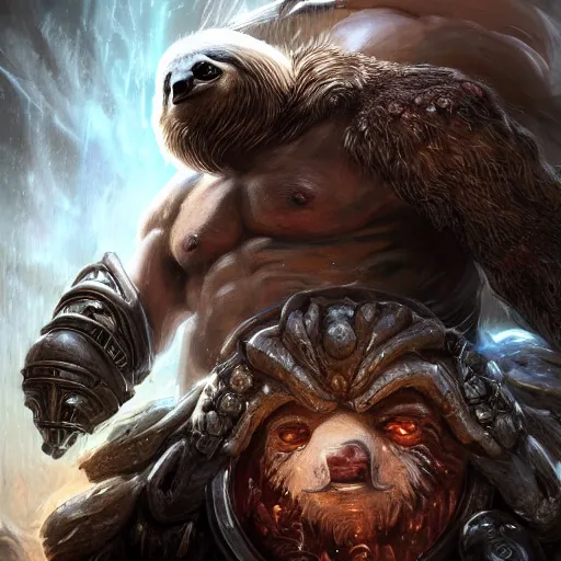 Image similar to portrait of sloth! as zeus the god of thunder, league of legends amazing splashscreen artwork, gears of war, splash art, natural light, elegant, photorealistic facial features, intricate, fantasy, detailed face, atmospheric lighting, anamorphic lens flare, cinematic lighting, league of legends splash art, hd wallpaper, ultra high details by greg rutkowski