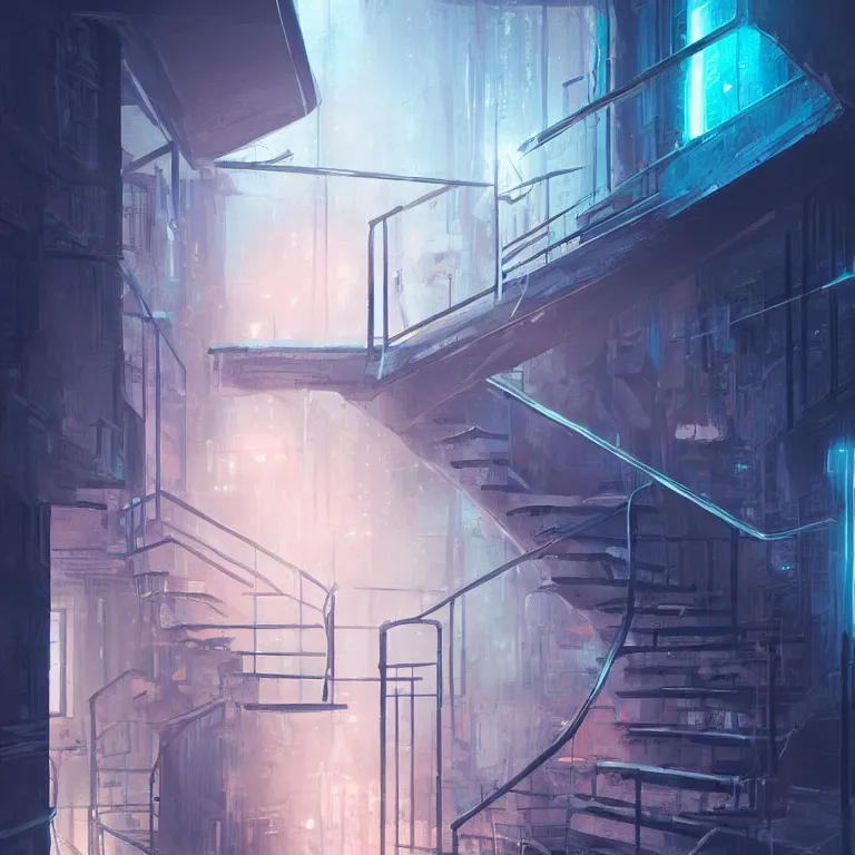 Image similar to down a basement staircase neon lights cyberpunk style digital painting concept art smooth sharp focus hyperrealistic illustration artstati