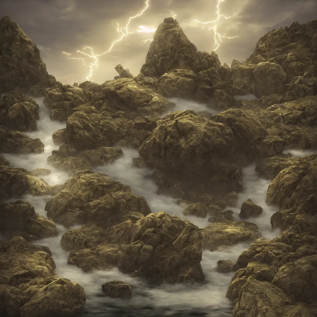 Image similar to Photorealistic epic landscape with magically floating rocks, with ominous storm clouds, glowing stones falling from the sky, a gentle rising mist. occult photorealism by Alphonse Maria Mucha, UHD, amazing depth, glowing, golden ratio, 3D octane cycle unreal engine 5, volumetric lighting, cinematic lighting. Hyperdetailed photorealism, epic scale, misty, 108 megapixels, amazing depth, glowing rich colors, powerful imagery, psychedelic Overtones, concept art