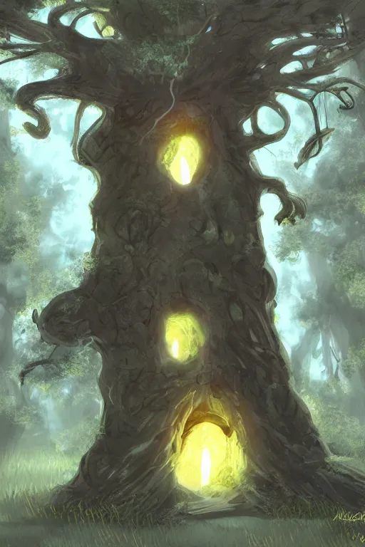 Prompt: a glowing portal to the underworld in a big old tree, concept art