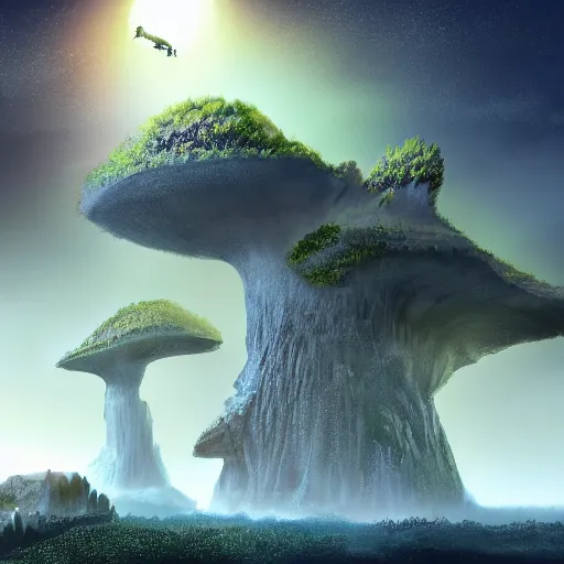 Prompt: large landscapes from another world, beautiful depiction, very detailed and weird fauna, enhance lighting