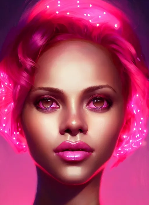 Image similar to portrait of vanessa morgan with bright pink hair, curly pixie cut hair, intricate, elegant, glowing lights, highly detailed, digital painting, artstation, concept art, smooth, sharp focus, illustration, art by wlop, mars ravelo and greg rutkowski