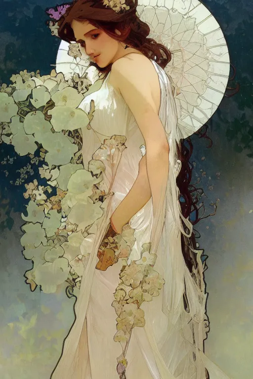 Prompt: close - up fashion woman portrait airy flowers clouds illustration art by alphonse mucha greg rutkowski craig mullins