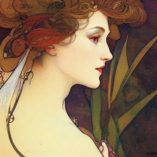 Image similar to beautiful woman's sideface, beautiful background, by alfons maria mucha, highly detailded