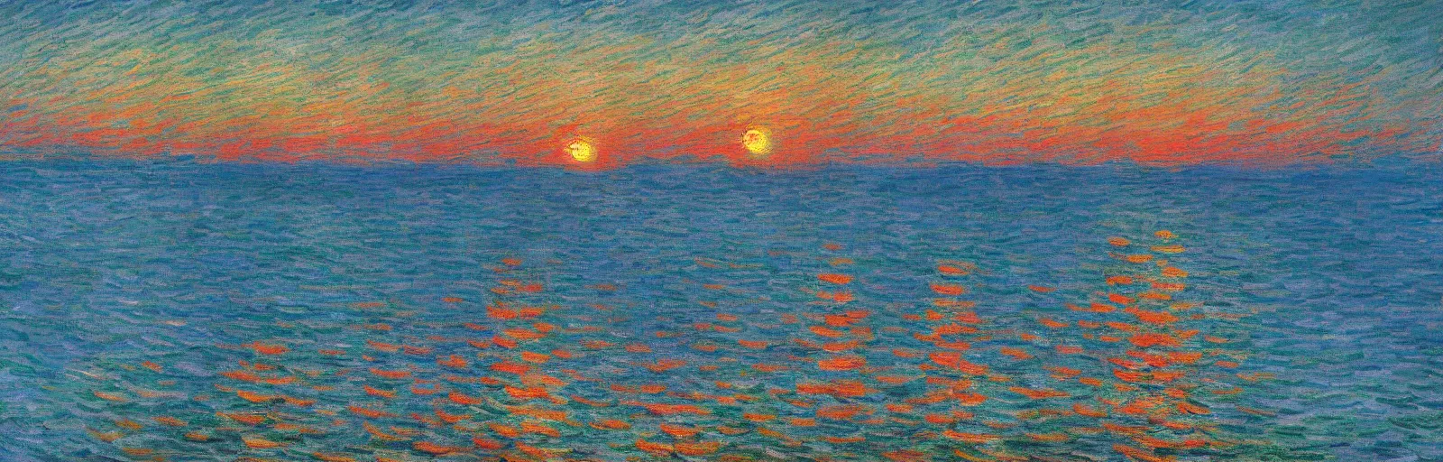 Image similar to An aesthetically pleasing, dynamic, energetic, lively, well-designed digital art of the ocean at sunset, light and shadow, by Claude Monet and Vincent Van Gogh, superior quality, masterpiece, excellent use of negative space. 8K, superior detail.