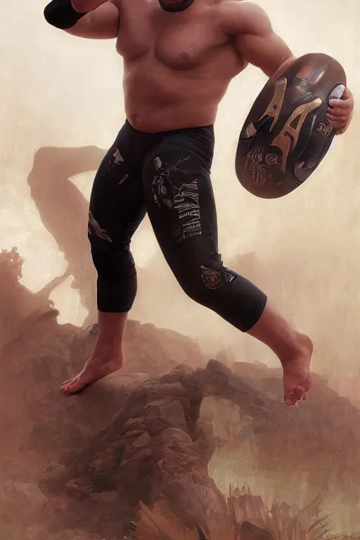 Prompt: painting of a wrestler character wearing vr goggles, shrugging arms, ultra realistic, sharp details, subsurface scattering, intricate details, warm lighting, beautiful features, highly detailed, photorealistic, octane render, 8 k, unreal engine, art by artgerm and greg rutkowski and alphonse mucha