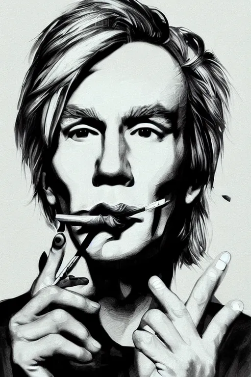 Image similar to a highly detailed beautiful portrait of andy warhol smoking a cigarette, extremely detailed, digital painting, artstation, concept art, smooth, sharp focus, illustration, intimidating lighting, incredible art