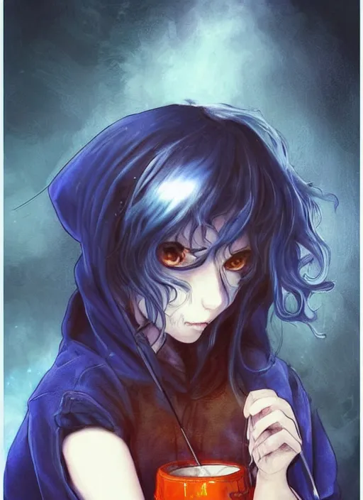 Image similar to medium shot A twelve years old girl with orange eyes, dark blue!! short curly dark blue dyed!! hair i a black hoodie with white!! eyes!! ornament!! and grunge jeans, with the black cauldron, making a potion, blue shiny lighting, beautiful fantasy art by By Artgerm and Hayao Miyazaki, trending on artstation