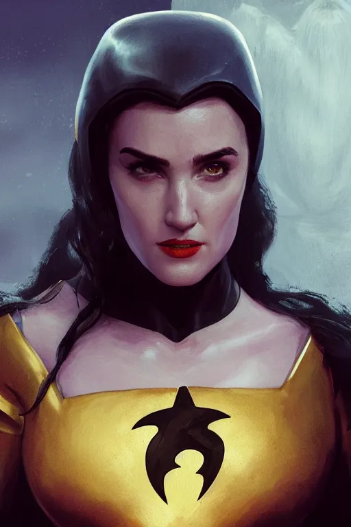 Image similar to portrait of Young Jennifer Connelly as Batgirl , face portrait, raphael lacoste, eddie mendoza, alex ross, concept art, matte painting, highly detailed, rule of thirds, dynamic lighting, cinematic, detailed, denoised, centred