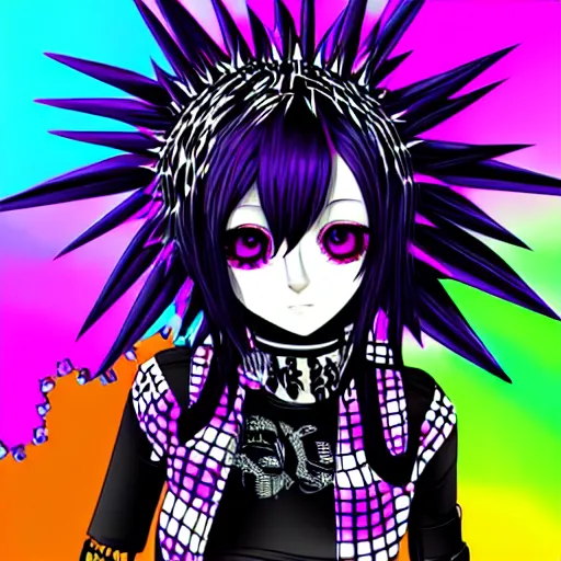 Image similar to maximalist emo anime girl, cybergoth, rainbowcore, vhs monster high, glitchcore witchcore, checkered spiked hair, pixiv