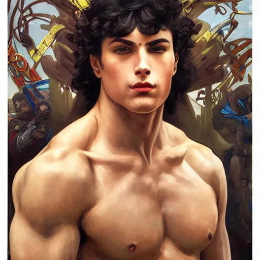 Image similar to a comic book portrait painting of a fantasy steampunk male, highly detailed, art by tristan eaton and artgerm and william - adolphe bouguereau