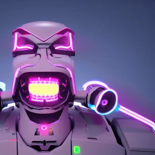 Image similar to robot joker neon glowwave, clouds, glowwave, digital art, artstation, unreal render