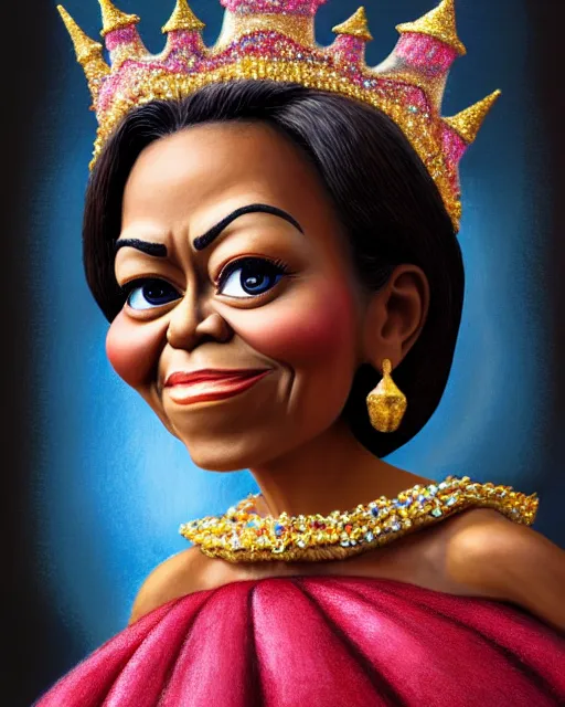 Prompt: closeup profile portrait of a tin toy michelle obama as a fairytale princess wearing a crown and sitting on a throne, bikini, hyper realistic, artstation, illustration, concept art by nicoletta ceccoli, mark ryden, lostfish, max fleischer, digital paint, matte paint, vivid colors, bright, cheerful, detailed and intricate environment