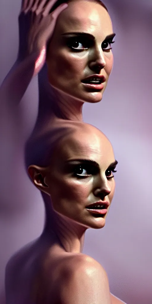 Image similar to Natalie Portman, wearing an evening gown, alexander mcqueen couture, very detailed portrait, ultrarealistic, dramatic lighting, electrical details, high details, 4k, 8k, best, accurate, trending on artstation, fur, artstation, photorealism, ultrarealistic, digital painting, style of Dali, Caravaggio, Boris Vallejo