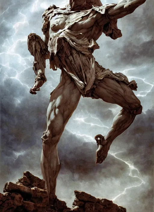 Prompt: ancient statue of a diabolical marble stone cyborg, wearing torn white cape, dynamic pose, thunder, glowing eyes, post apocalyptic ancient ruins, glowing veins subsurface scattering, in clouds, sunset, portrait, by gerald brom, by mikhail vrubel, by peter elson, muted colors, extreme detail, trending on artstation, 8 k