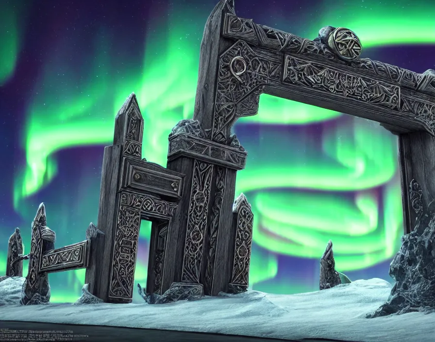 Image similar to a very detailed concept art of intricate and well designed asgard gates to north pole, infused with aurora borealis, dynamic lighting, trending on artstation, path traced, highly detailed, high quality, digital art, 4 k, hyper realistic, octane render, sharp focus