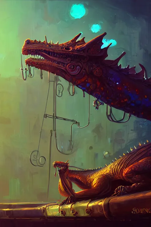 Prompt: hyper realistic old dying dragon lying down on a steam punk apparatus, digital painting bioluminance alena aenami artworks in 4 k design by lois van baarle by sung choi by john kirby artgerm style pascal blanche and magali villeneuve