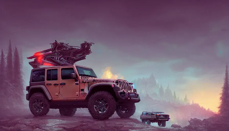 Image similar to jeep wrangler, an epic fantasy, dramatic lighting, cinematic, establishing shot, extremely high detail, photorealistic, cinematic lighting, artstation, by simon stalenhag, horizon forbidden west