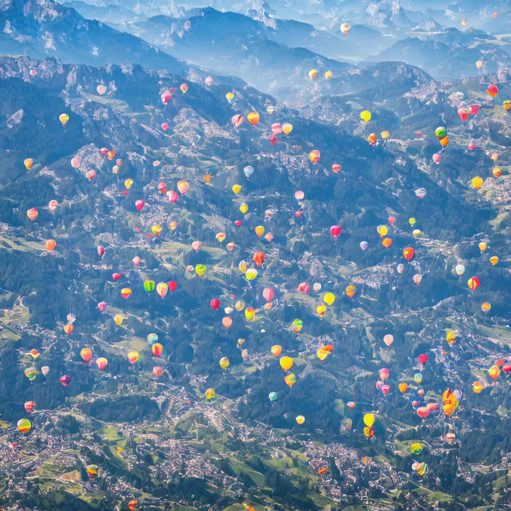 Image similar to sky parade of colorful zeppelins and balloons flying over swirling dolomites, birds eye view, casting shadows, light rays