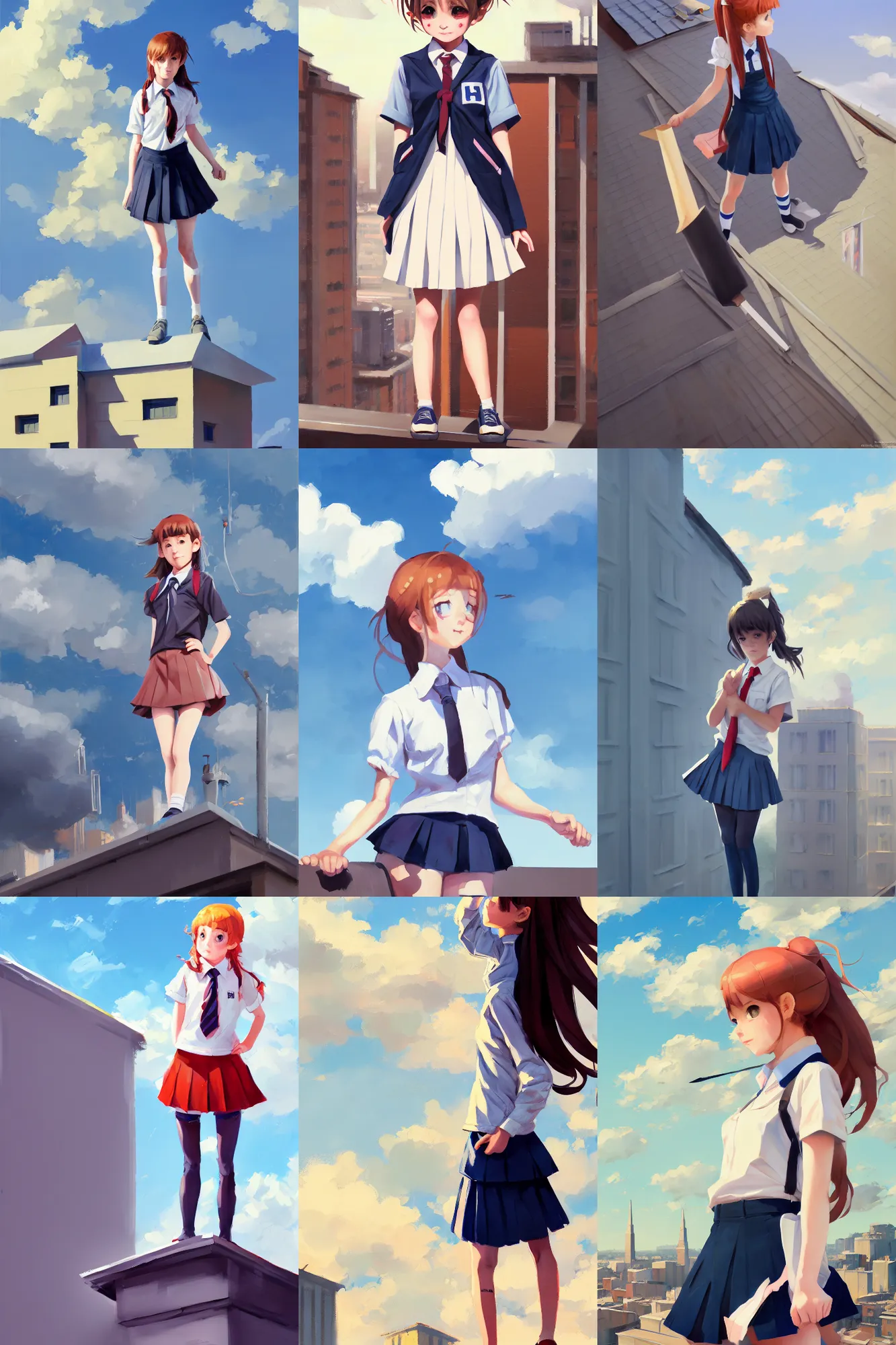 Image similar to gouache of a cute girl wearing school uniform standing on the edge of the roof of a tall building, 8 k wallpaper, strong brush stroke, very high detailed, sharp focus, illustration, morandi color scheme, art station, by krenz cushart