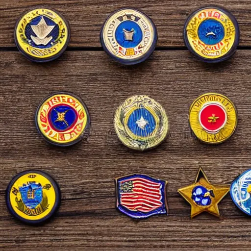 Prompt: a set of military pins on a wooden table, heavily adorned and vibrantly colored, stock photography