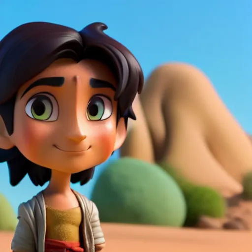 Image similar to profile view of young aladdin as nendoroid walking in a desert in the croods movie style, wearing typical clothes, 8 k, hd, dof, kodak film, volumetric lighting, subsurface scattering, photorealistic, octane render