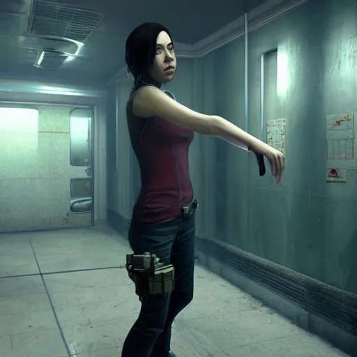 Image similar to a gaming screenshot still of aubrey plaza in resident evil, moebius, greg rutkowski, zabrocki, karlkka, jayison devadas, phuoc quan, trending on artstation, 8 k, ultra wide angle, video game graphics, realistic unreal engine 3 d game, zenith view, cyberpunk pincushion lens effect