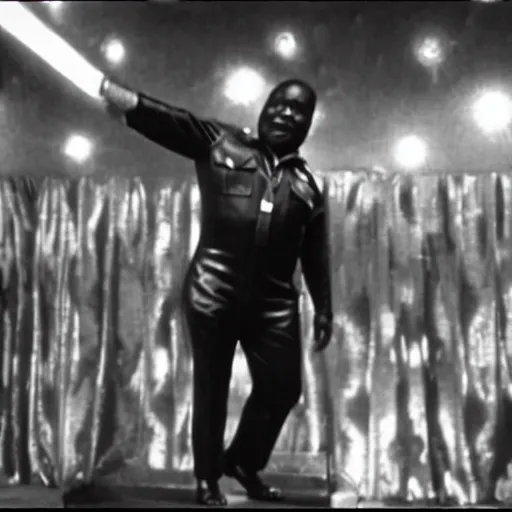 Image similar to A movie still of Idi Amin wearing a disco suit in Satuday Night Fever