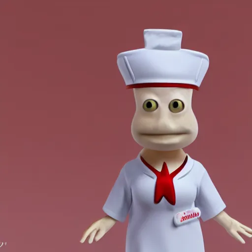 Image similar to 3D render of Patrick Star dressed as a nurse,